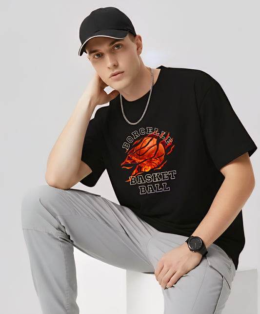 Flaming Basketball T-Shirt: Streetwear Crewneck for Sports Lovers